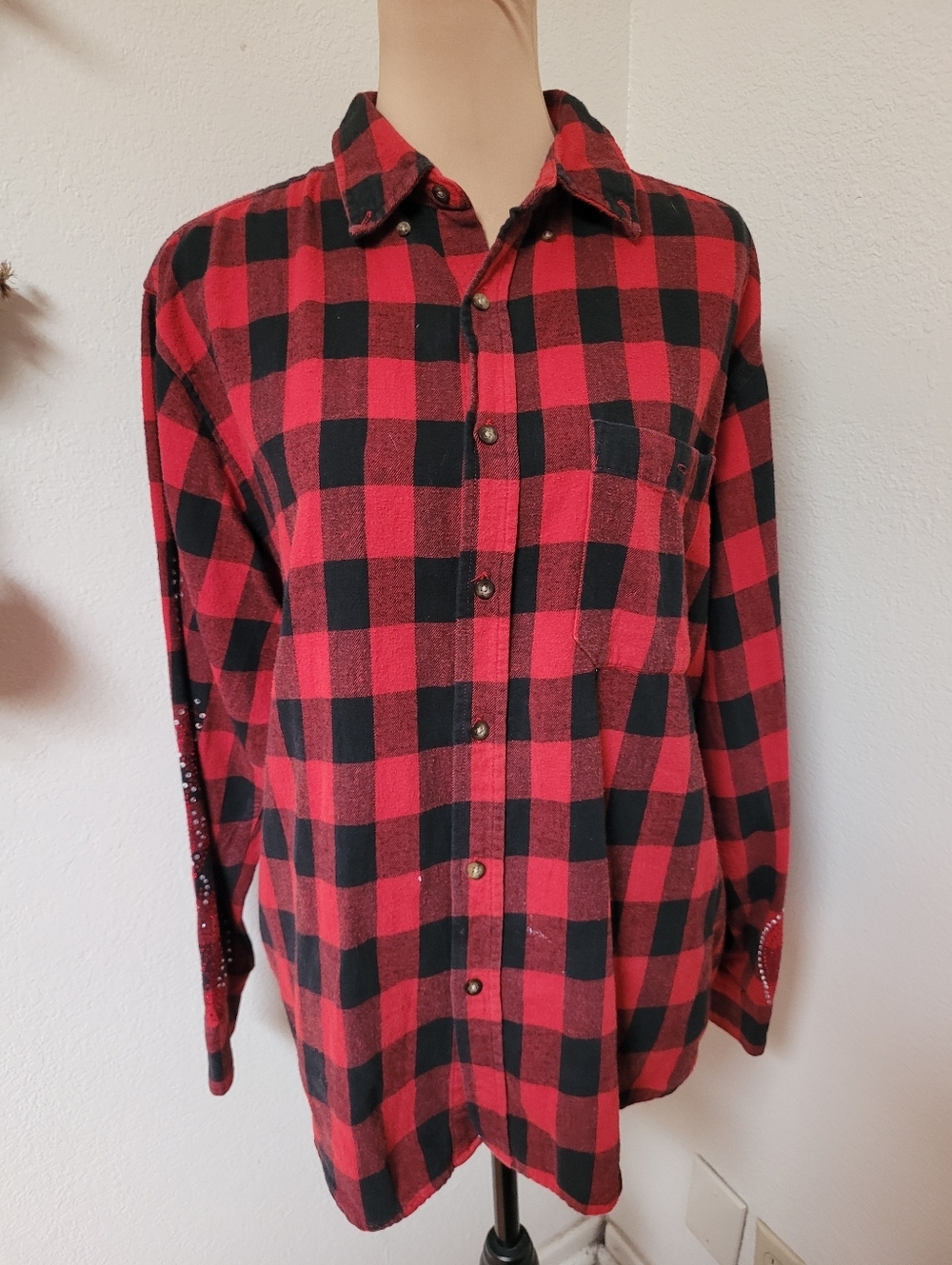 Furst Of A Kind Red Black Buffalo Plaid Button-Up Flannel With Rhinestone Flame